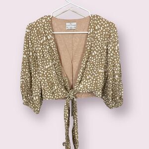 SEVEN WONDERS crop top tie front boho graphic print neutral small size 6